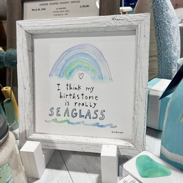 Sea Glass Birth Stone 8.25x8.25 Coastal Art, Reclaimed White Wood Frame